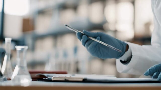 Medium shot of a professional conducting air quality testing for asbestos fibers inside a factory office space focusing on environmental hazard detection.