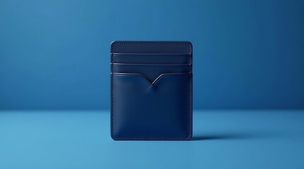Modern navy blue minimalist card holder floating on gradient blue background, sleek wallet design for business and travel
