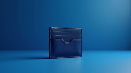 Minimalist Dark Blue Leather Cardholder on Solid Blue Background, Modern Wallet Design
