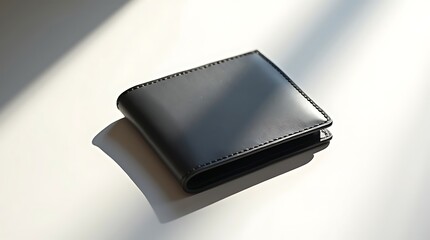 Classic Black Leather Bi-fold Wallet for Men on Minimalist Surface with Natural Sunlight