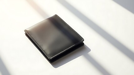 Black leather wallet on white background with dramatic window light shadows, minimalist style