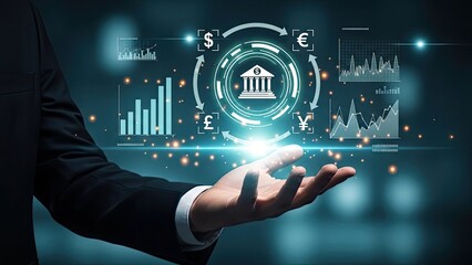 Businessman presenting financial data in modern digital interface