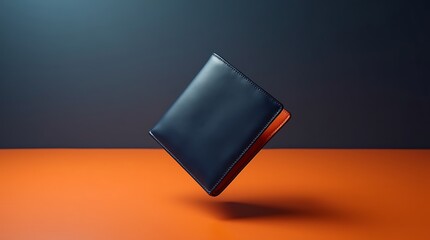 Levitating Navy Blue Leather Wallet on Vibrant Orange Surface in Minimalist Style