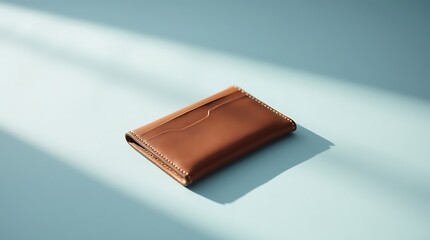 Elegant Brown Leather Wallet on Pastel Blue Background in Minimalist Style