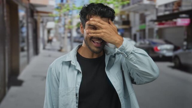 Young hispanic man covers eyes with hand while standing in bright city street with parked cars in view; embarrassment.