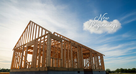 Wooden skeleton of a new house under construction against a blue sky with a cloud shaped like a "New Beginnings" message