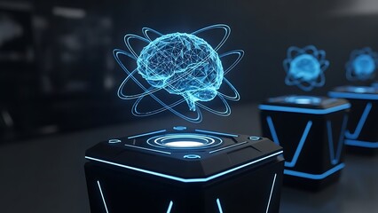 Blue wireframe brain hologram on futuristic display pedestal technology science