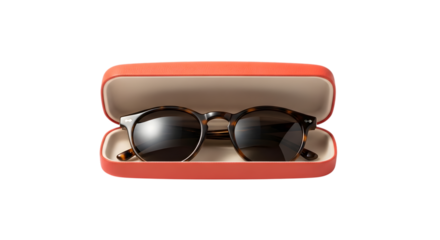 Sunglasses in an open orange case isolated on transparent background