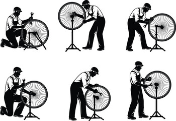 Silhouette of bicycle repair, wheel maintenance, black illustration, mechanic in overalls, wrench tool, bike stand, cycling fix, hands-on work