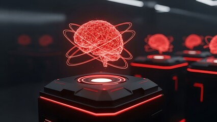Red holographic brain displayed on futuristic platform with glowing lights hologram