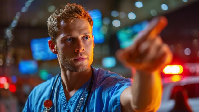 A devoted medical professional in scrubs intensely focuses on an emergency situation, expertly guiding others with decisive gestures amid a bustling medical environment.