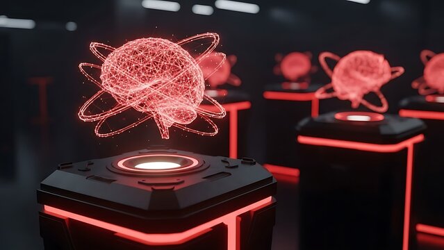 Red holographic brain displays on futuristic pedestals in dark room hologram technology - Powered by Adobe