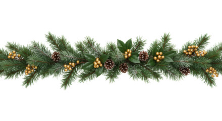 A realistic christmas garland of frosted evergreen pine, golden holly berries and pinecones, horizontally on a transparent background with copy space, festive holiday concept
