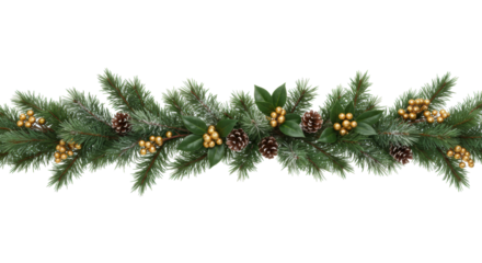 A realistic christmas garland of frosted evergreen pine, golden holly berries and pinecones, horizontally on a transparent background with copy space, festive holiday concept