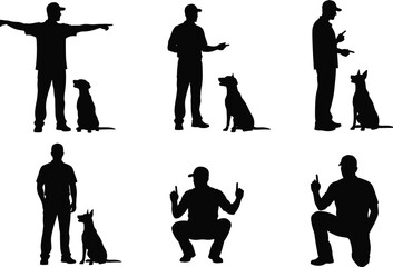 Silhouette of dog training poses, black illustration, obedience commands, pet communication, kneeling gesture, pointing, seated dog, interaction, discipline