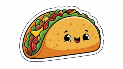 A charming cartoon taco illustration featuring a smiling face and colorful fillings on transparent background