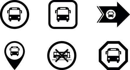Bus icons set – round and square symbols, map pin marker, right arrow direction and no bus sign – vector © Parvin_2026