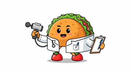 A cute taco character dressed as a doctor holding a gun and clipboard on transparent background