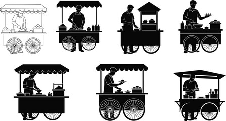 Silhouette of street food vendors with carts, black illustration, urban culinary scene, mobile kitchen, serving pose, traditional setup, diversity