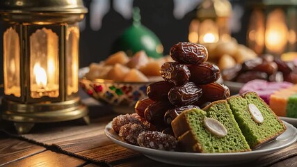 A plate of traditional Middle Eastern sweets and dates, including green cake and nuts, on a wooden table with lanterns in the background during ramadan fasting month.