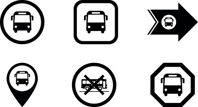 Bus icons set &ndash; round and square symbols, map pin marker, right arrow direction and no bus sign &ndash; vector