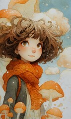 girl with curly hair stands near mushrooms