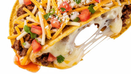 A close up of a delicious doritos locos taco with melted cheese toppings on transparent background