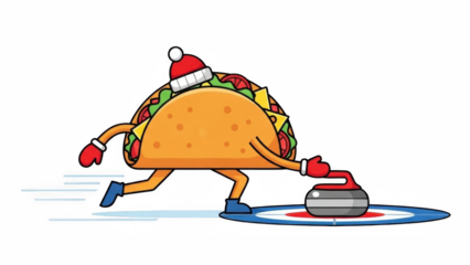 A cheerful taco character ice skating with a winter hat and mittens on transparent background