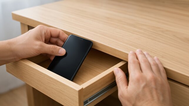 Hands putting smartphone into desk drawer, digital detox and unplugged concept, conscious break from technology, screen time reduction, mindful lifestyle, clean copy space