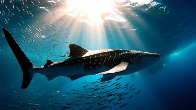 A breathtaking photo capturing a beautiful whale gracefully swimming among a multitude of fish in the vast ocean Whale shark is a big fish in the sea