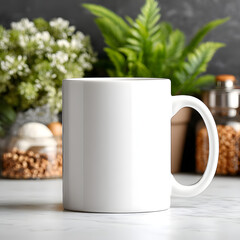 White mug sits on a wooden table surrounded by plants and kitchen utensils in a home setting during daylight hours