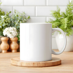 White mug sits on a wooden table surrounded by plants and kitchen utensils in a home setting during daylight hours