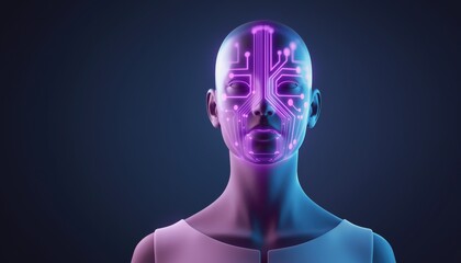 Fototapeta premium Futuristic Female Android Face With Glowing Pink Circuit Board Patterns And Blue Neon Lighting Against Dark Gray Background