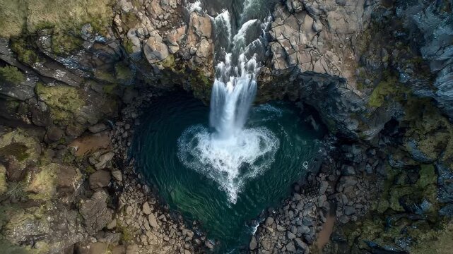 A breathtaking photo of a large waterfall releasing a torrent of water into a rocky pool below A heart made of cascading waterfall