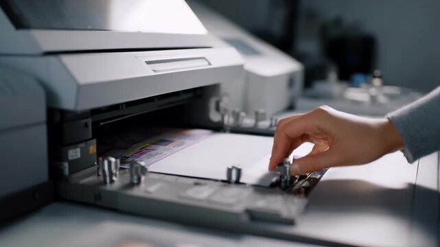 Medium shot of a technician finetuning a sleek printers calibration for precise print speed optimization focused on detailed delicate design work.