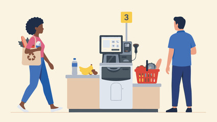 Obraz premium Diverse customers using self-checkout at a modern grocery store
