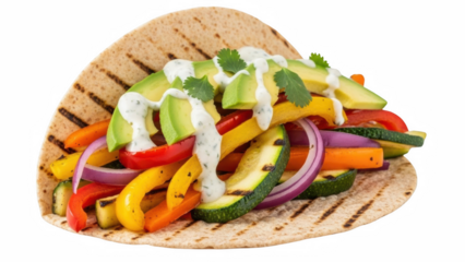 A vibrant vegetarian wrap filled with grilled vegetables avocado and creamy sauce on transparent background