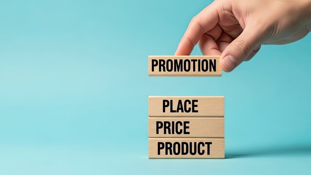 Hand placing promotion block on marketing mix strategy