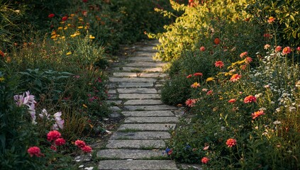 A peaceful stone path winding through a colorful flower garden, surrounded by blooming wildflowers and green foliage in warm natural light, creating a calm and inviting outdoor scene.