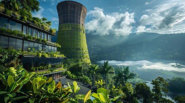 Sustainable atomic power plant lush greenery around demonstrating eco friendly energy production