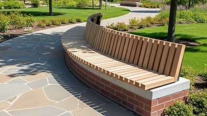 Curved wooden park bench with brick and concrete base on paved pathway curved bench