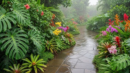 Winding stone path through a vibrant tropical garden with colorful flowers and mist Keywords: tropical, garden
