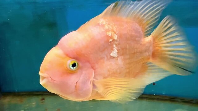Stunning blood parrot cichlid with vibrant orange and pink scales swims serenely inside an aquarium with a blue background, opening and closing its mouth as it moves gracefully through the water