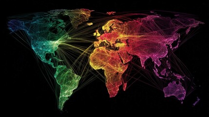 A vibrant, interconnected map of the world showcasing colorful lines representing global connections and networks.