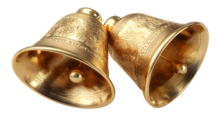 Shiny golden Christmas bells with a vintage metal texture isolated on a white background for a festive holiday celebration