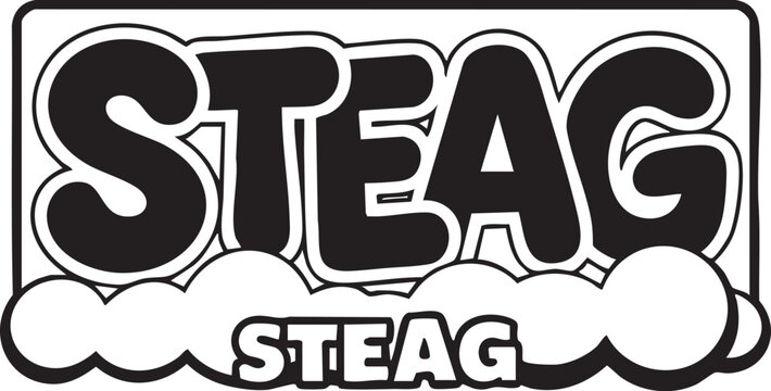 Bold 'steag' logo with cartoonish clouds and yellow highlight, perfect for branding and graphic design projects