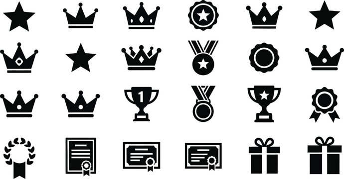 A collection of black silhouette icons featuring awards and recognition symbols