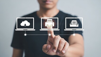 Man interacting with cloud printing technology interface