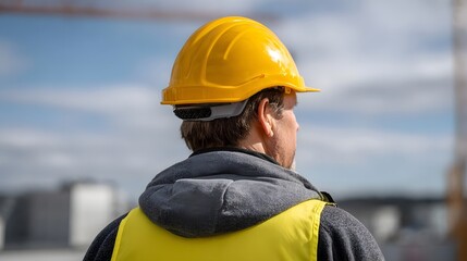 Construction worker wearing a yellow hard hat and safety vest looking out over a construction site under a blue sky with clouds