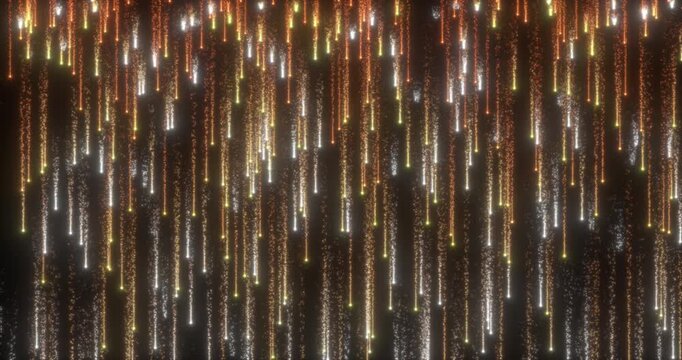 A shimmering rain of glowing particles envelops the space, creating a mesmerizing abstract pattern. The magic of light comes to life in the dance of sparkling trains.